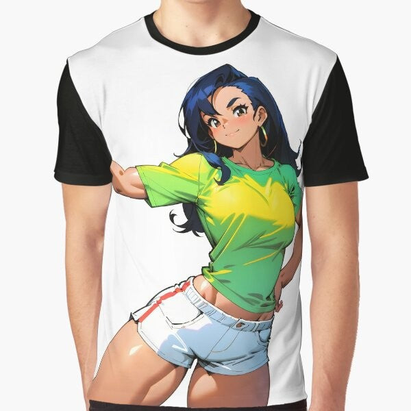 A graphic t-shirt featuring an inspirational anime-style illustration of a strong, athletic female character showcasing her muscular physique.