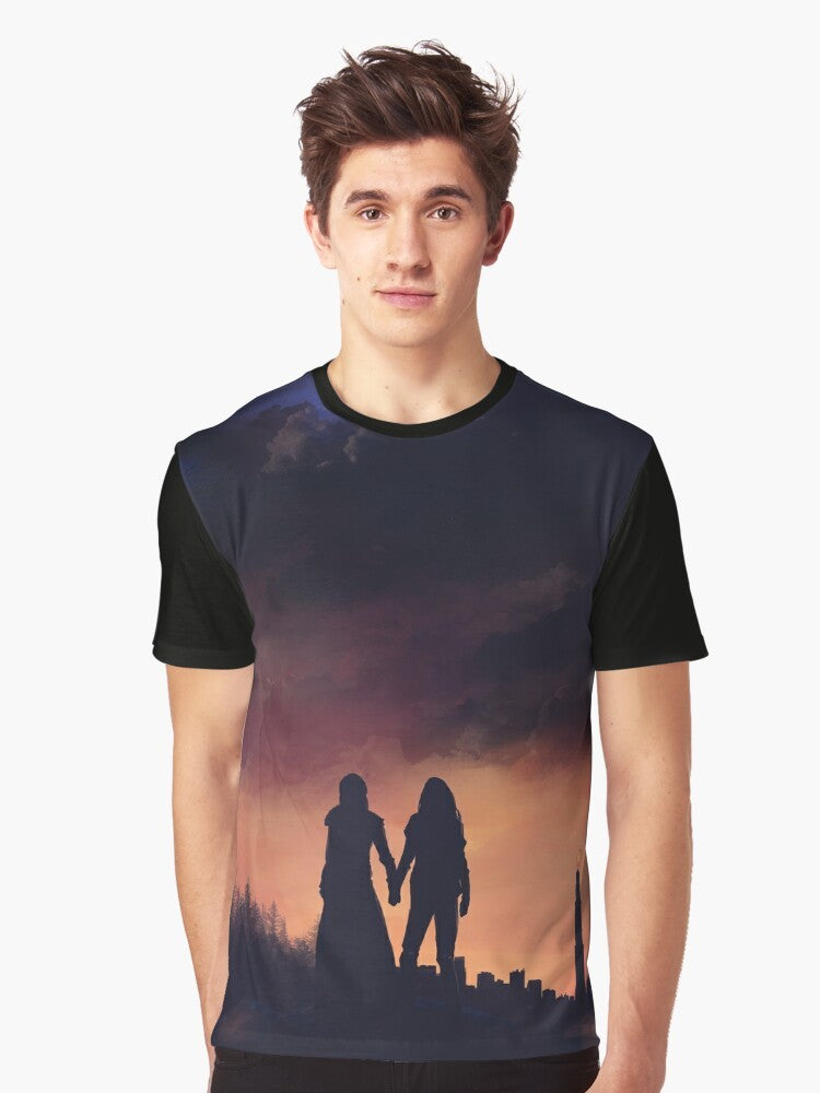 "The 100" Clarke Griffin and Lexa graphic t-shirt design featuring an Earth and sky motif - Men