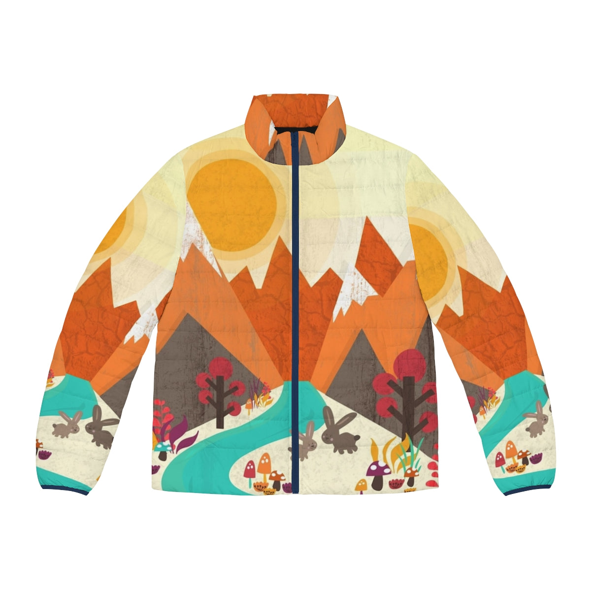 Colorful puffer jacket with nature and landscape elements like trees, flowers, and a rabbit