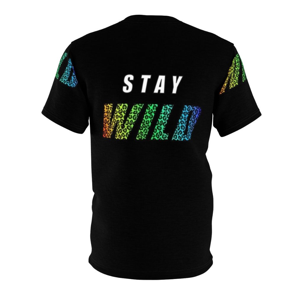 A vibrant all-over-print t-shirt featuring a colorful leopard design and the phrase "Stay Wild" - Back