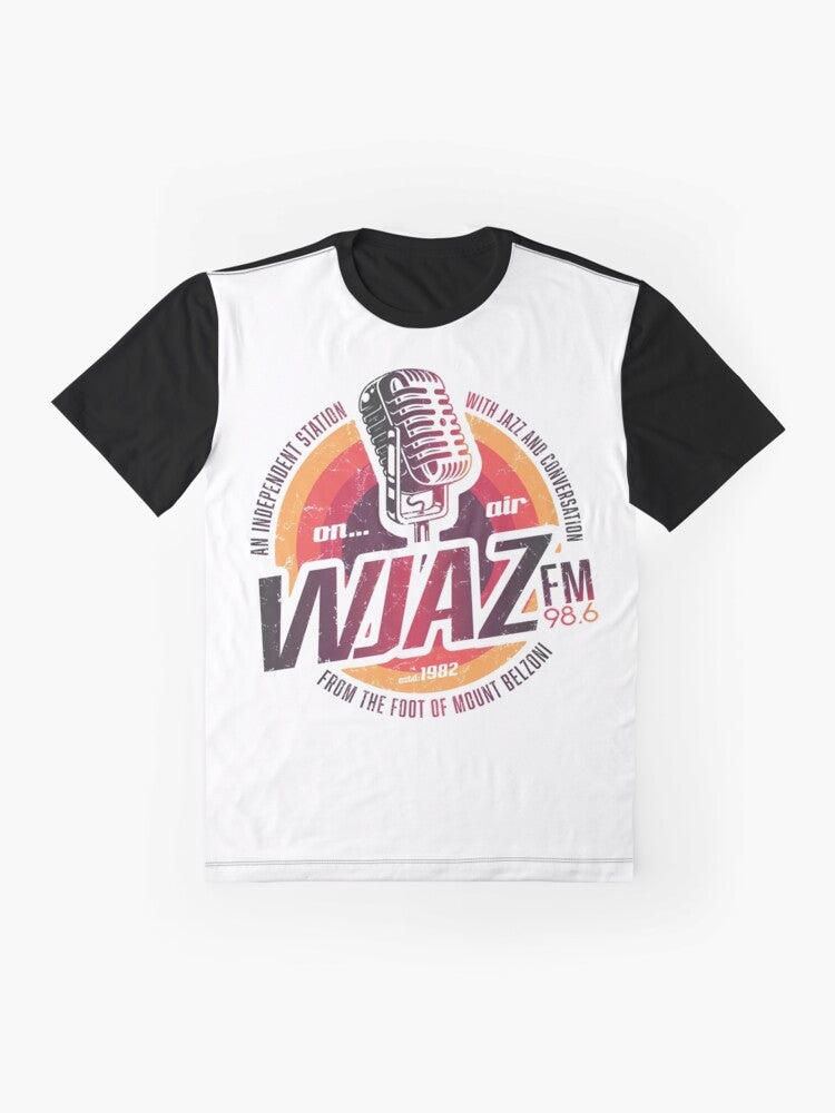 Vintage radio design graphic t-shirt with WJAZ logo for 70s music fans - Flat lay