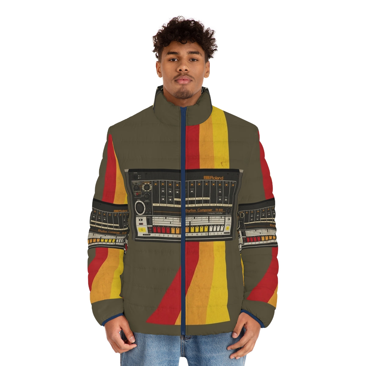 Retro 808 puffer jacket with synthesizer and drum machine design - men front