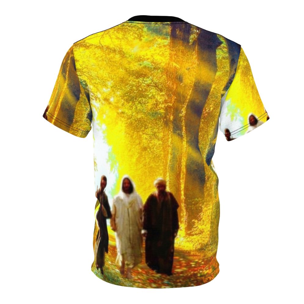 Inspirational Road to Emmaus Easter Christian T-Shirt design featuring a biblical scene with Jesus and disciples on the road to Emmaus. - Back