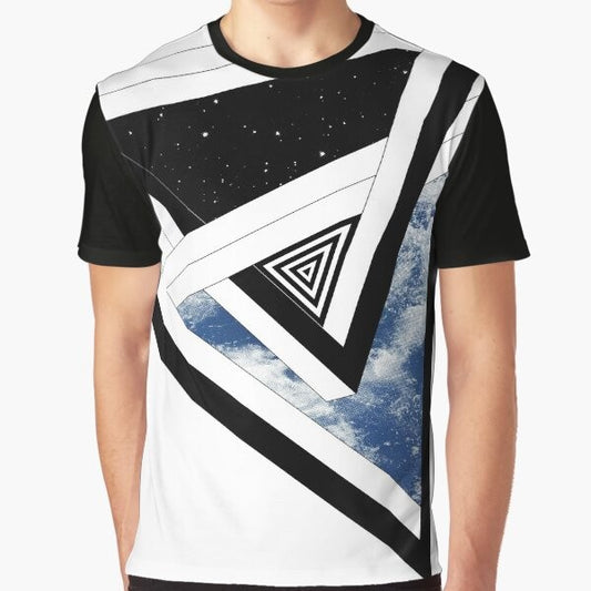 Conceptual graphic t-shirt design featuring a geometric pattern of space, stars, sky, ocean, and waves