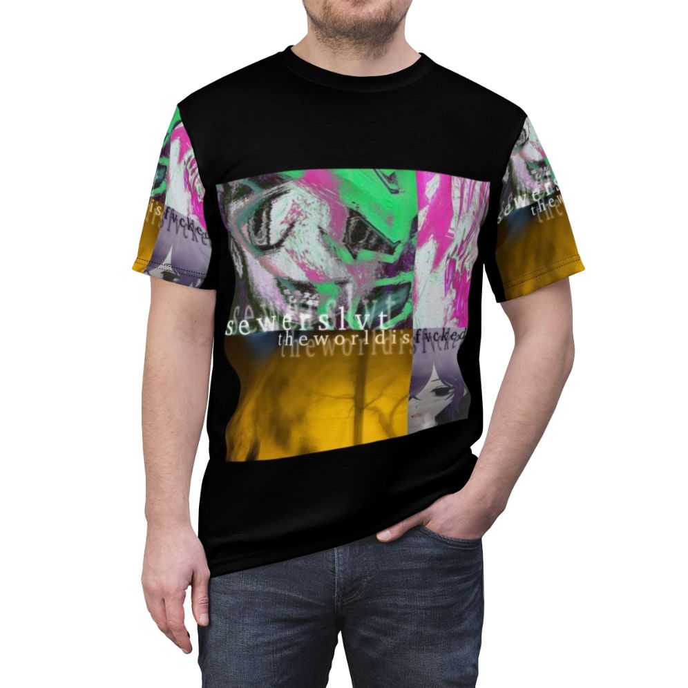 Sewerslvt-inspired t-shirt design featuring experimental electronic and drum and bass music aesthetics - men front