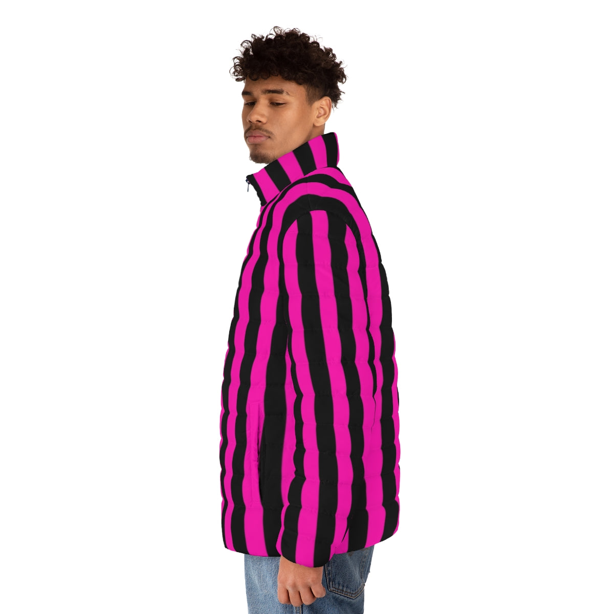 Hot pink and black striped puffer jacket - men side left