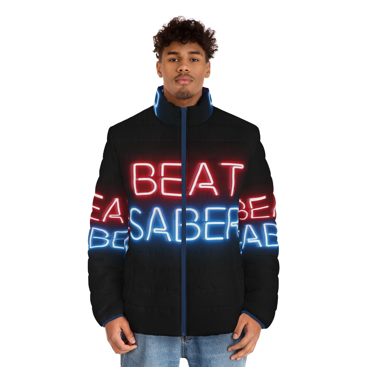 Beat Saber Puffer Jacket with neon colors and cyberpunk design - men front