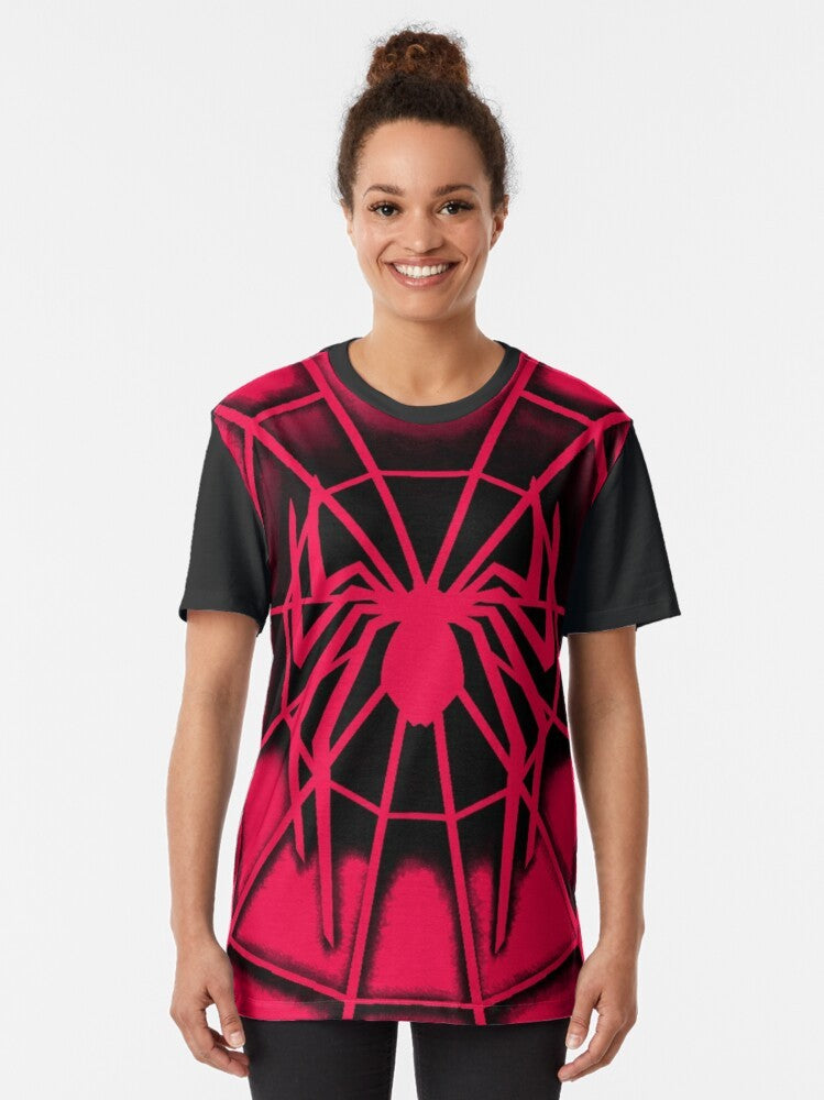 A graphic t-shirt featuring the Human Spider, a spiderman-inspired design from 2002. - Women