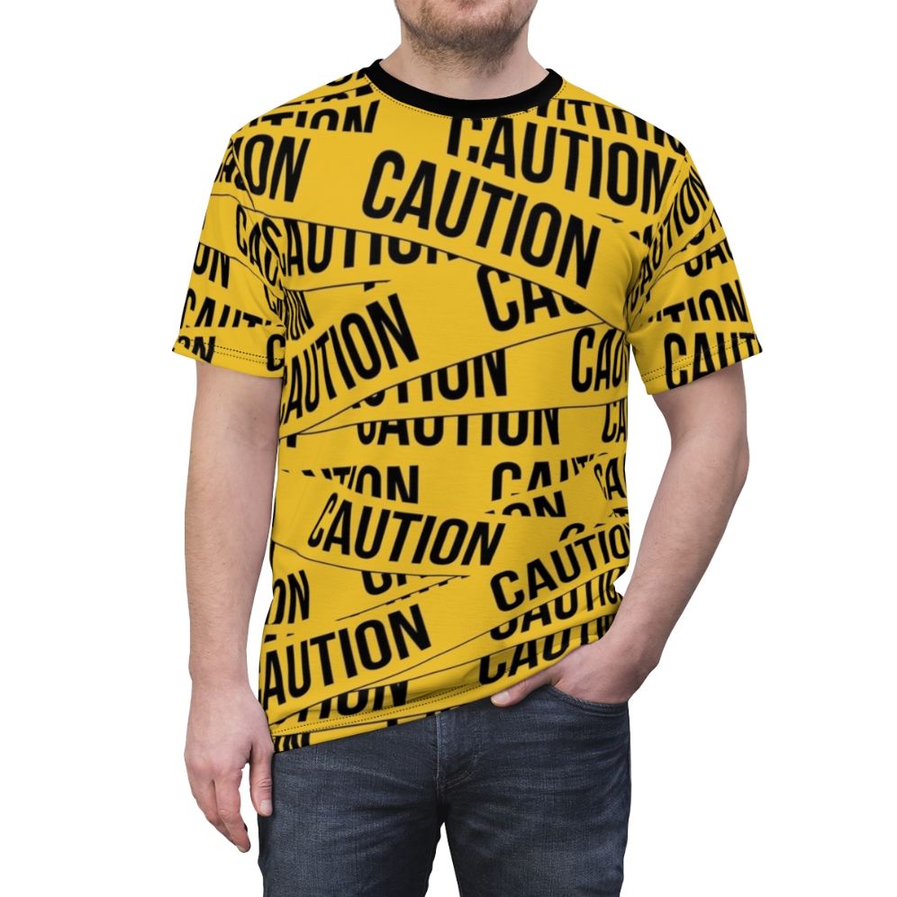 Caution-themed t-shirt with police tape, danger zone, and warning sign graphics - men front