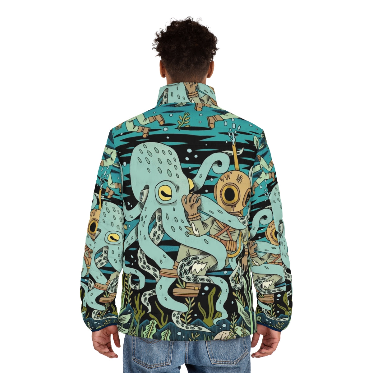 Diver puffer jacket with octopus and skull design - men back