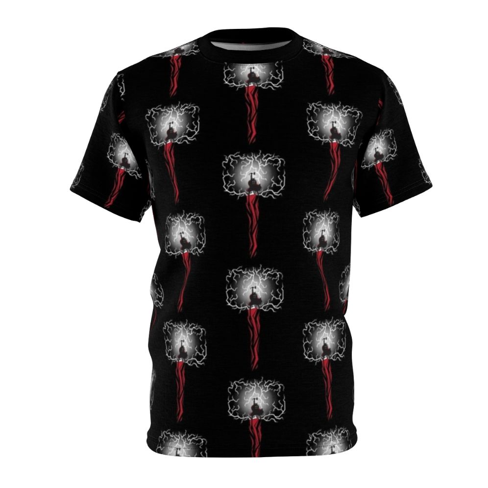 Mighty Thor-inspired all-over print t-shirt with Mjolnir hammer and thunder god design.