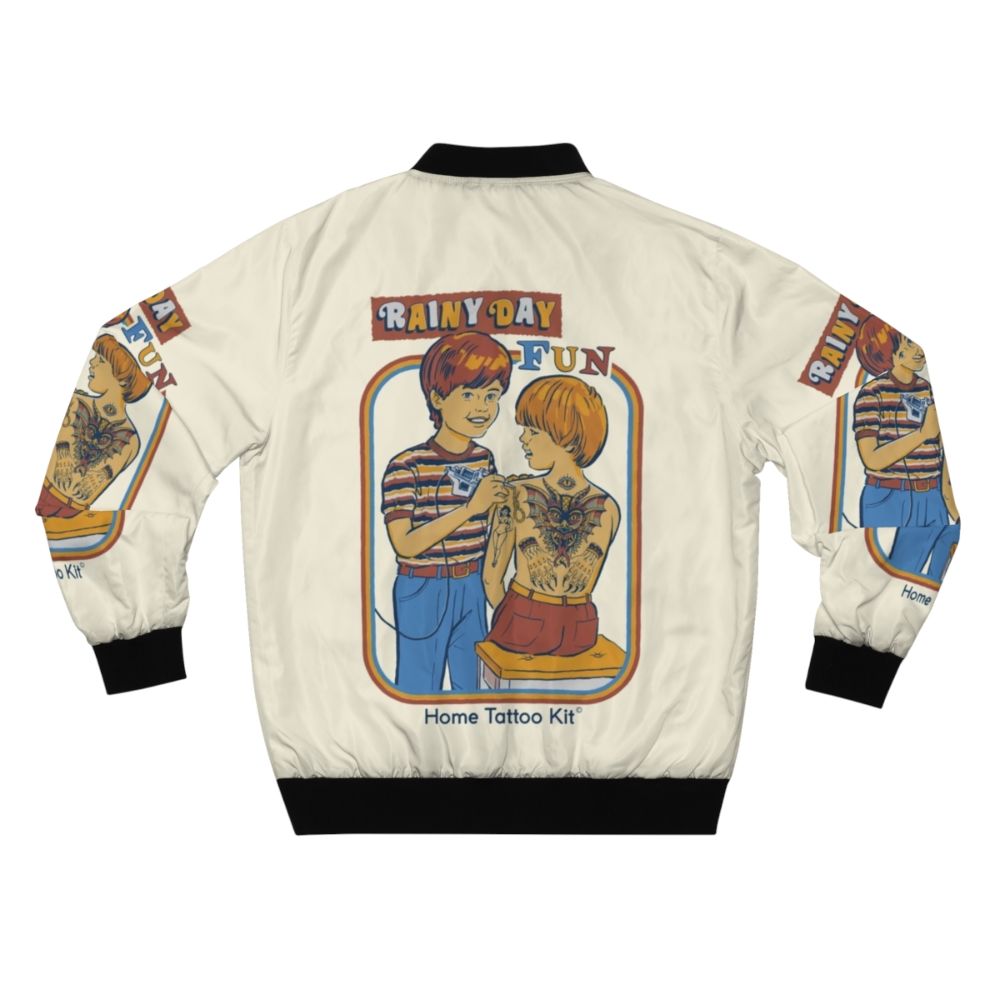 A retro-style bomber jacket with a funny, dark humor design. - Back