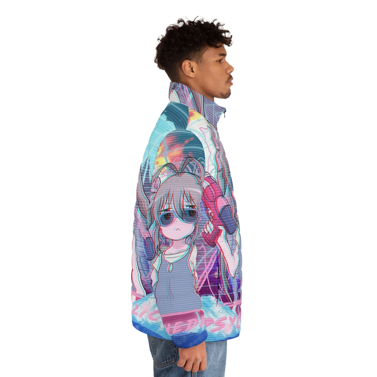 Psychedelic puffer jacket featuring anime-style girl with twin tails, water, gun, and palm trees in a synthwave, retrowave, vaporwave aesthetic - men side right