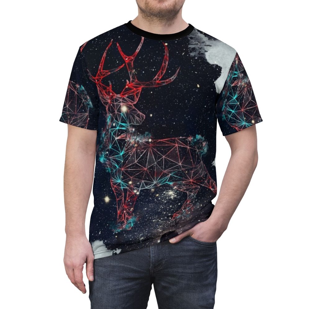 Celestial deer graphic design on a t-shirt, featuring a deer silhouette in a galaxy background with stars and geometric patterns. - men front