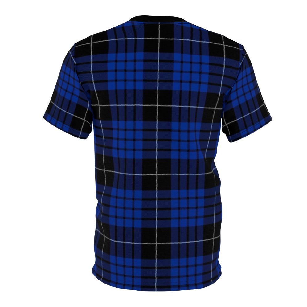 Model wearing a blue and black tartan plaid t-shirt with the Clan Macqueen tartan pattern - Back