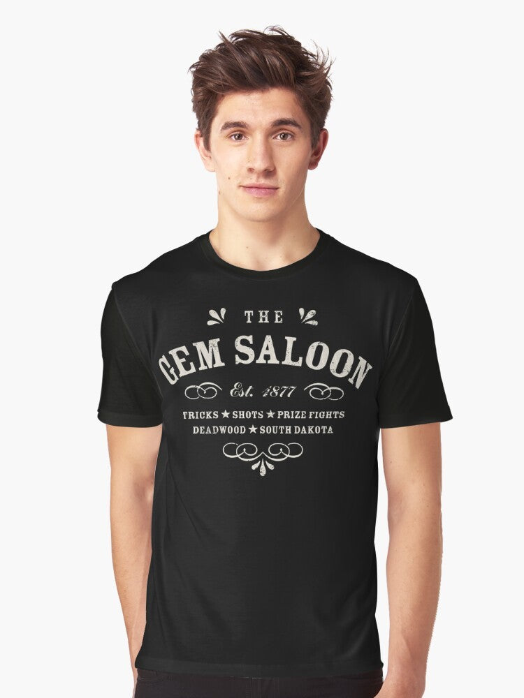 Deadwood The Gem Saloon Graphic T-Shirt, western-inspired typography design - Men