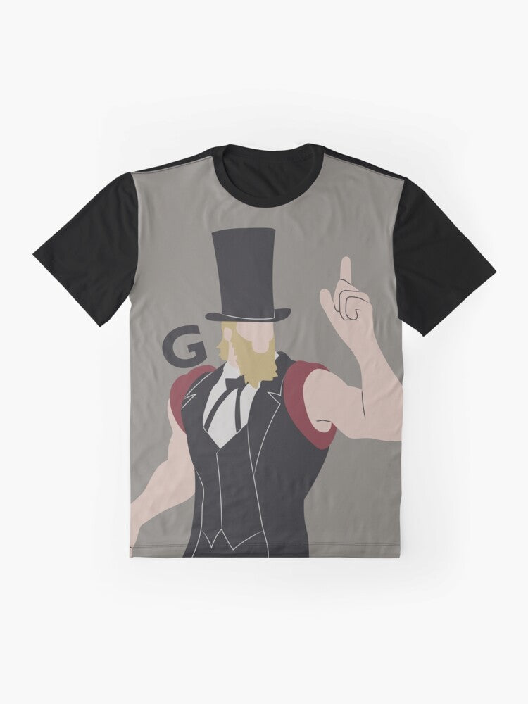 Minimalist Street Fighter V (SFV) vector graphic t-shirt design featuring President G - Flat lay