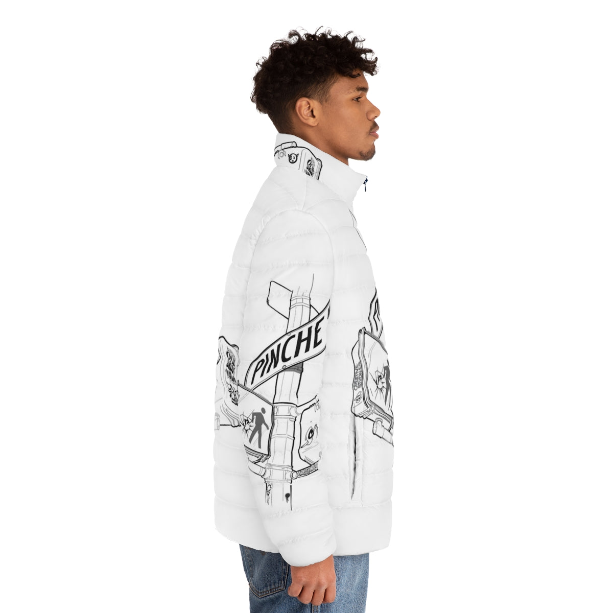 Pinche Way NY Street Sign Puffer Jacket featuring a vibrant street style design - men side right