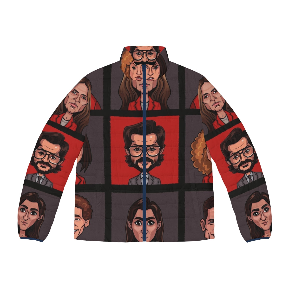 Money Heist Lineup Puffer Jacket featuring the main characters