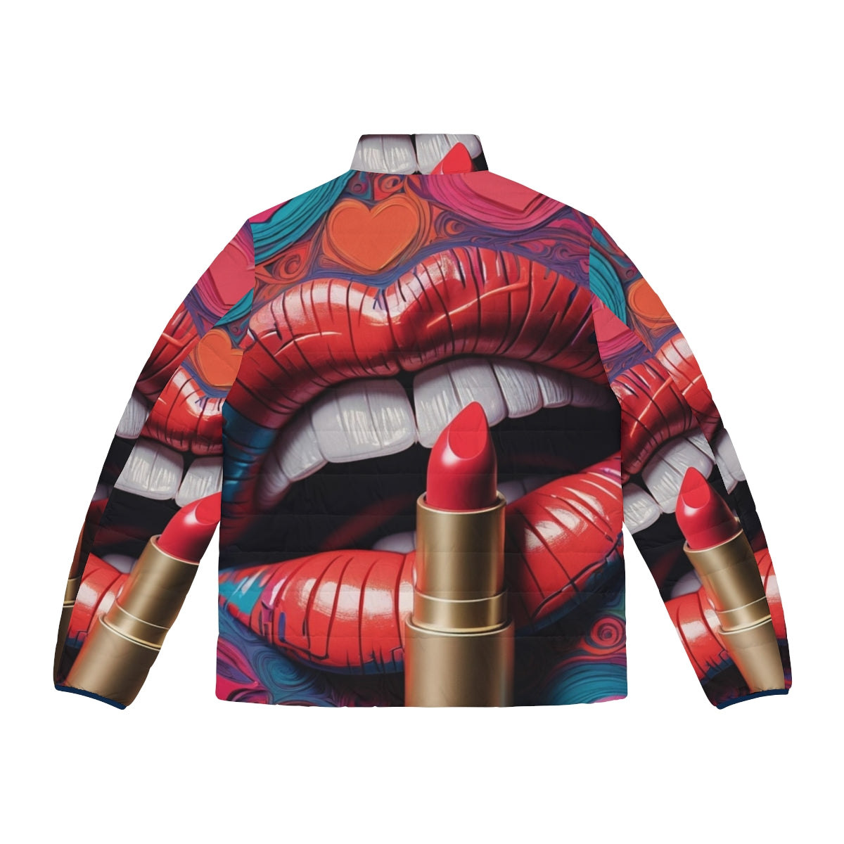 A puffer jacket featuring a vibrant lipstick design, perfect for the fashion-forward individual. - Back