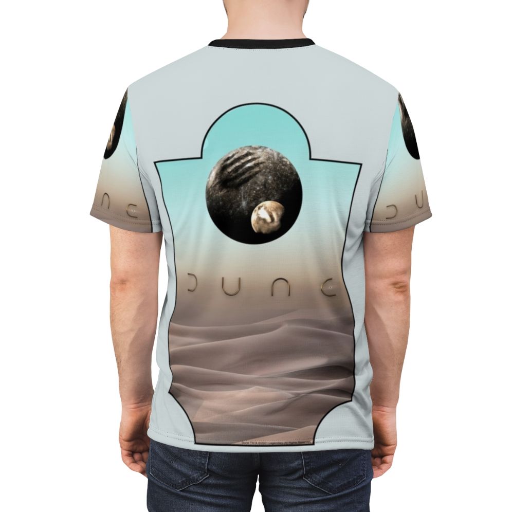 Dune inspired fan art t-shirt featuring iconic imagery from the 2020 sci-fi film. - men back