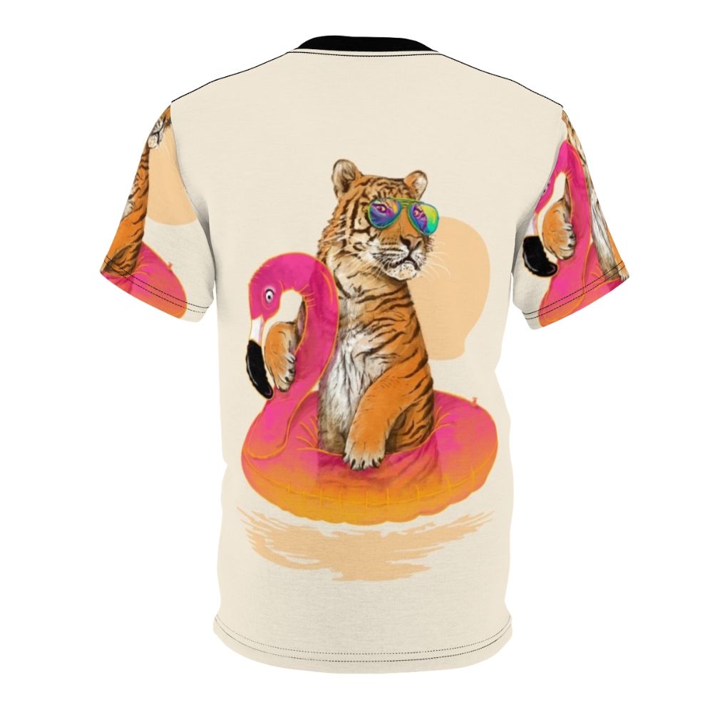 Artistic illustration of a chillin' flamingo and tiger on a pastel tropical t-shirt design - Back