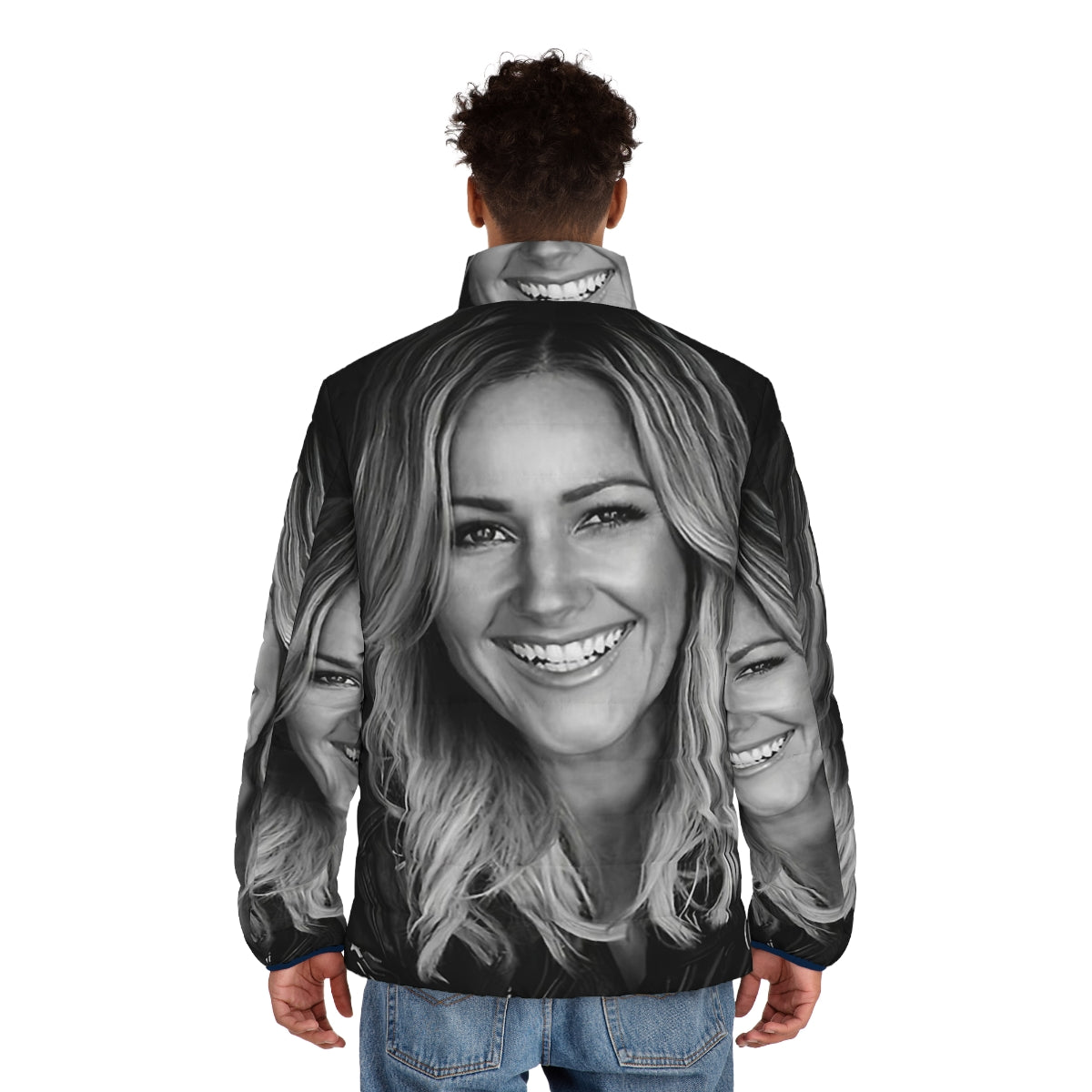 Helene Fischer wearing a stylish black and white puffer jacket with a collage-like design - men back