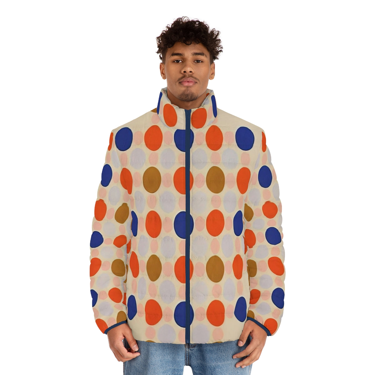 Thomas Downing inspired puffer jacket with vibrant colors and abstract patterns - men front