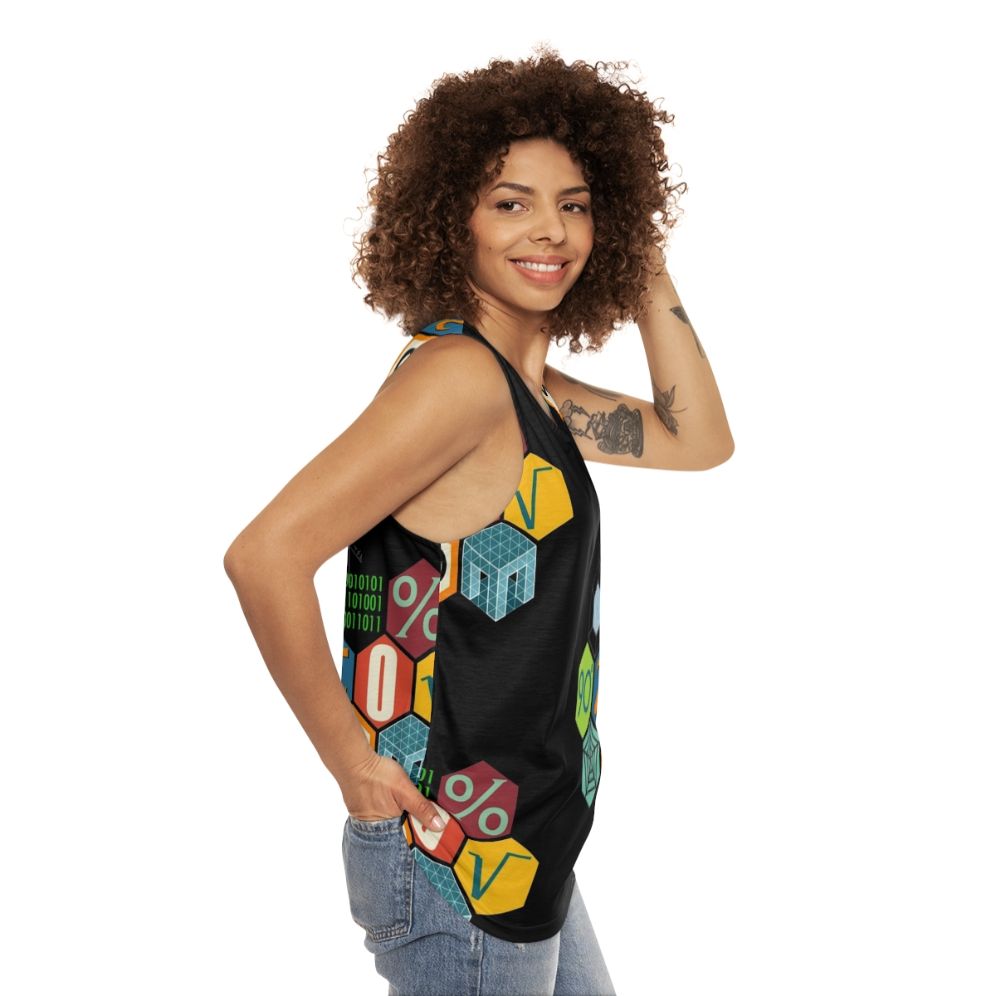 Unisex math-themed tank top with geometric designs - women side