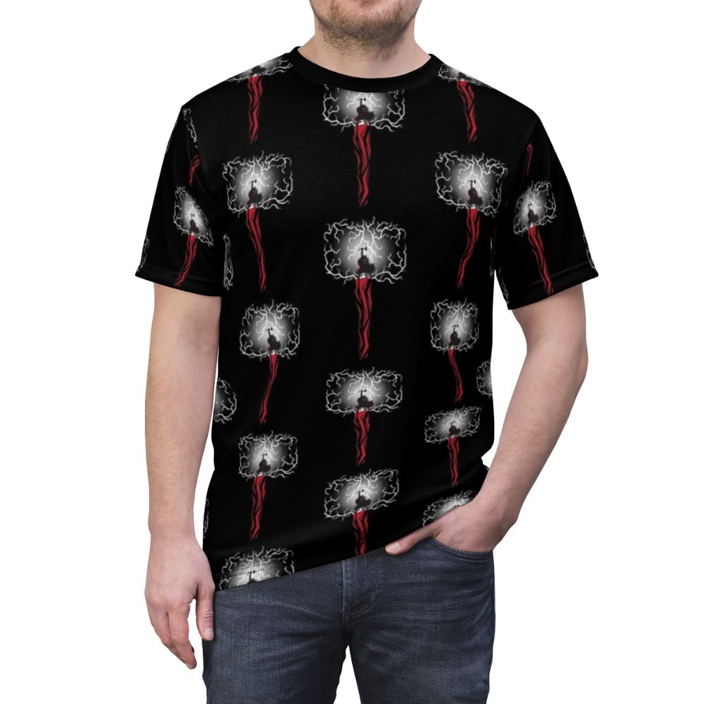 Mighty Thor-inspired all-over print t-shirt with Mjolnir hammer and thunder god design. - men front