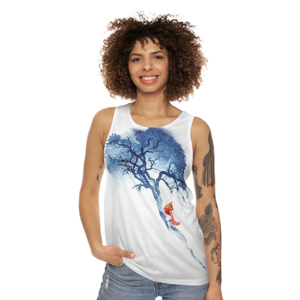 Unisex tank top with a vibrant watercolor design of a fox and tree in nature - women