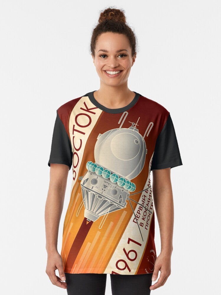 Retro Soviet space graphic t-shirt featuring Vostok spacecraft and Yuri Gagarin's historic 1961 flight - Women