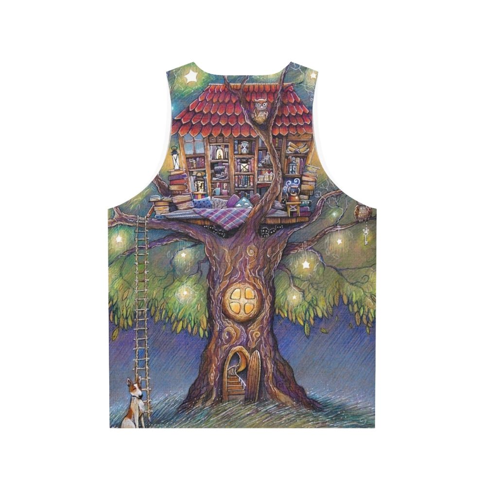 Treehouse Unisex Tank Top with Nature-Inspired Design - Back