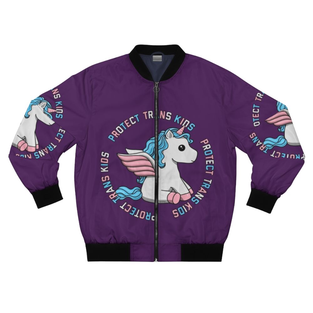 Colorful unicorn bomber jacket with trans pride colors, featuring the text "Protect Trans Kids"