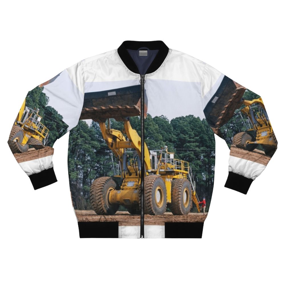 A bomber jacket with wheel loader equipment graphic design, showcasing industrial technology and machinery.