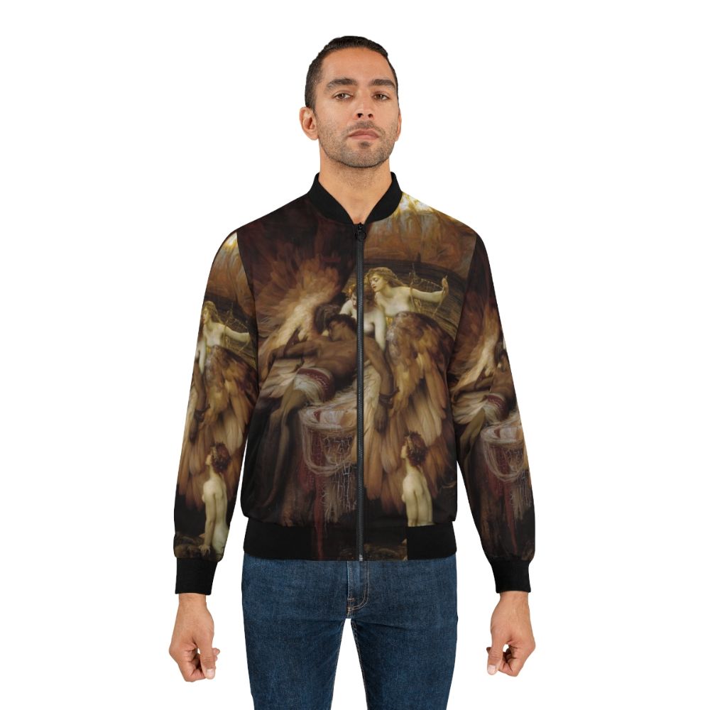 Bomber jacket featuring "The Lament for Icarus" painting by Herbert James Draper, depicting the mythological figure Icarus who flew too close to the sun. - Lifestyle