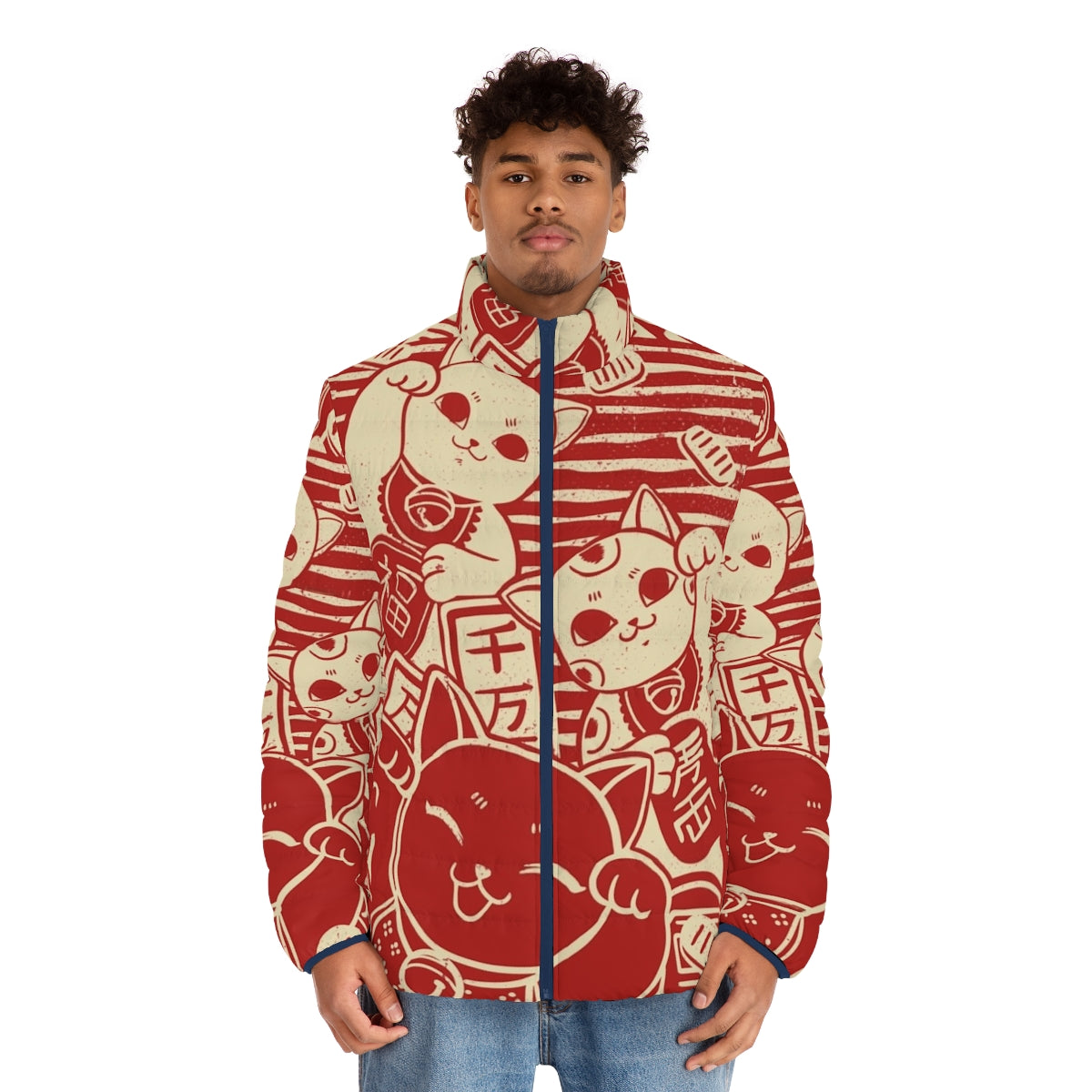 Model wearing a cozy puffer jacket with a cute maneki neko (lucky cat) design - men front