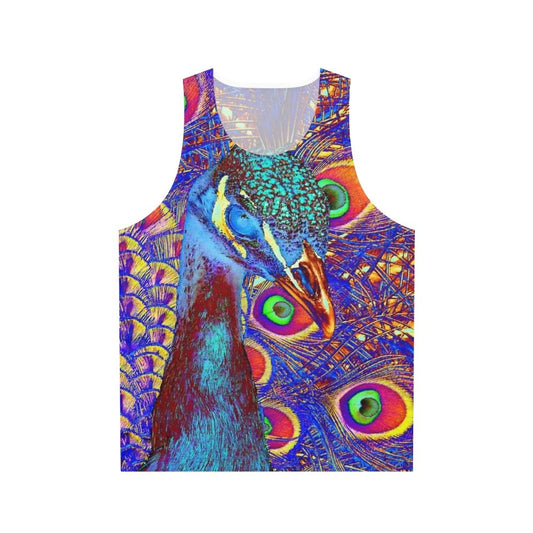 Peacock Unisex Tank Top featuring a colorful abstract peacock design