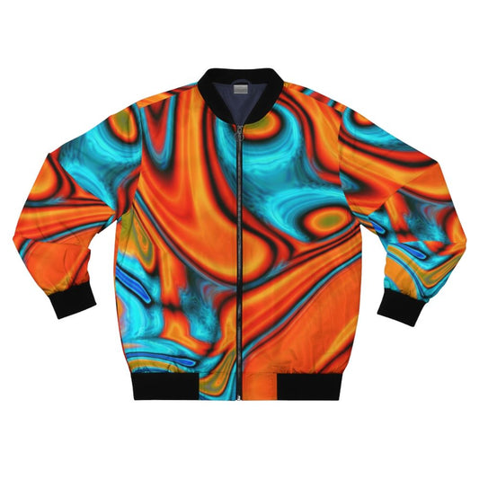 Colorful modern bomber jacket with vibrant southwest-inspired swirls and abstract designs