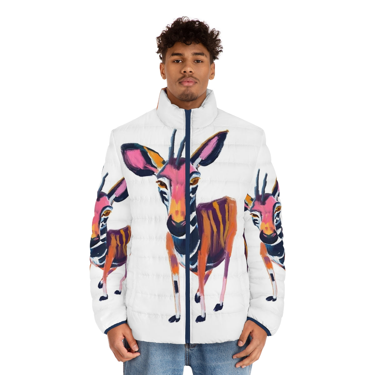 Okapi-print puffer jacket to support endangered species - men front