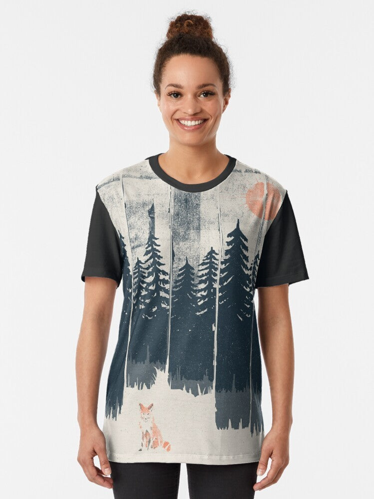 Graphic illustration of a fox in the wild, surrounded by mountains and trees - Women