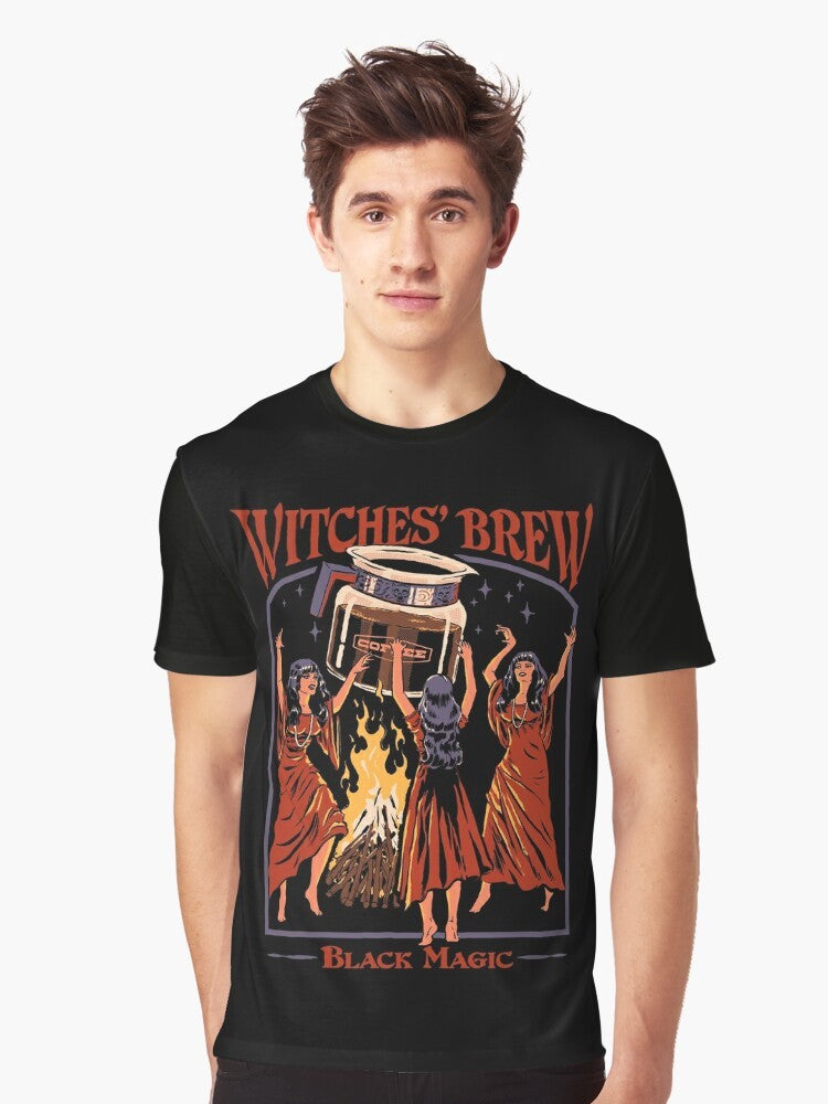 Retro graphic t-shirt featuring a witches' brew design with coffee, fire, and magical elements - Men