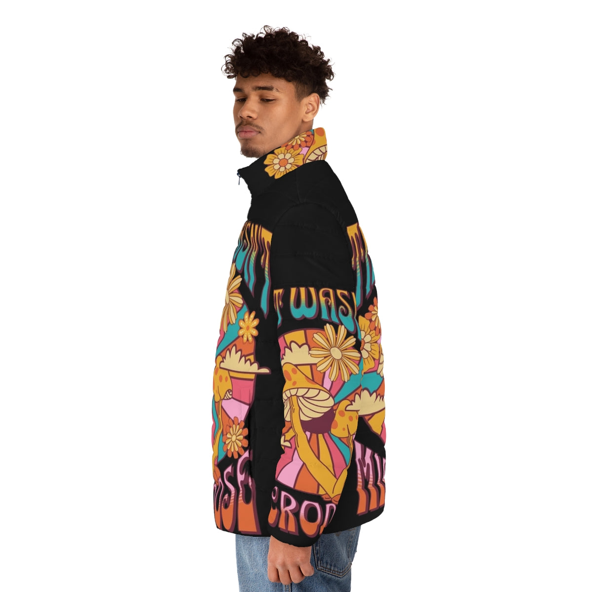 Psychedelic puffer jacket with vibrant, trippy patterns inspired by mushrooms and microdosing - men side left