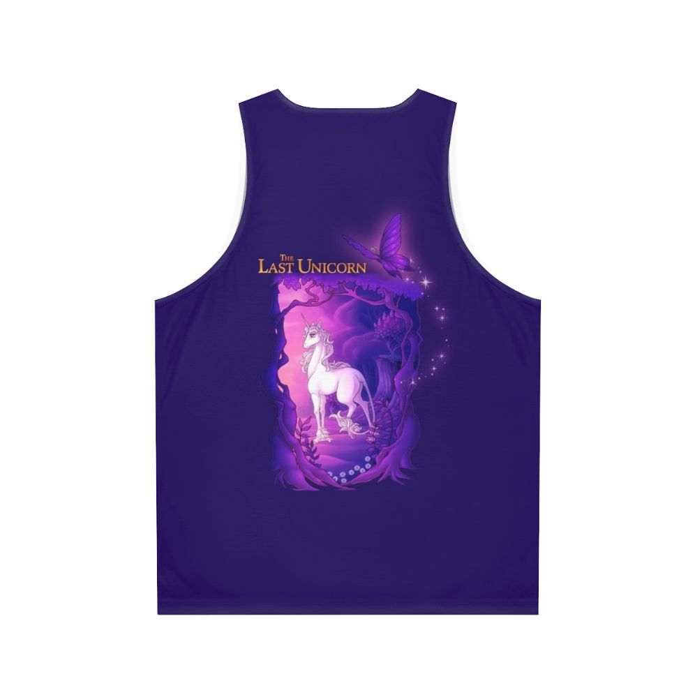 Unisex tank top featuring the last unicorn in a lilac wood - Back