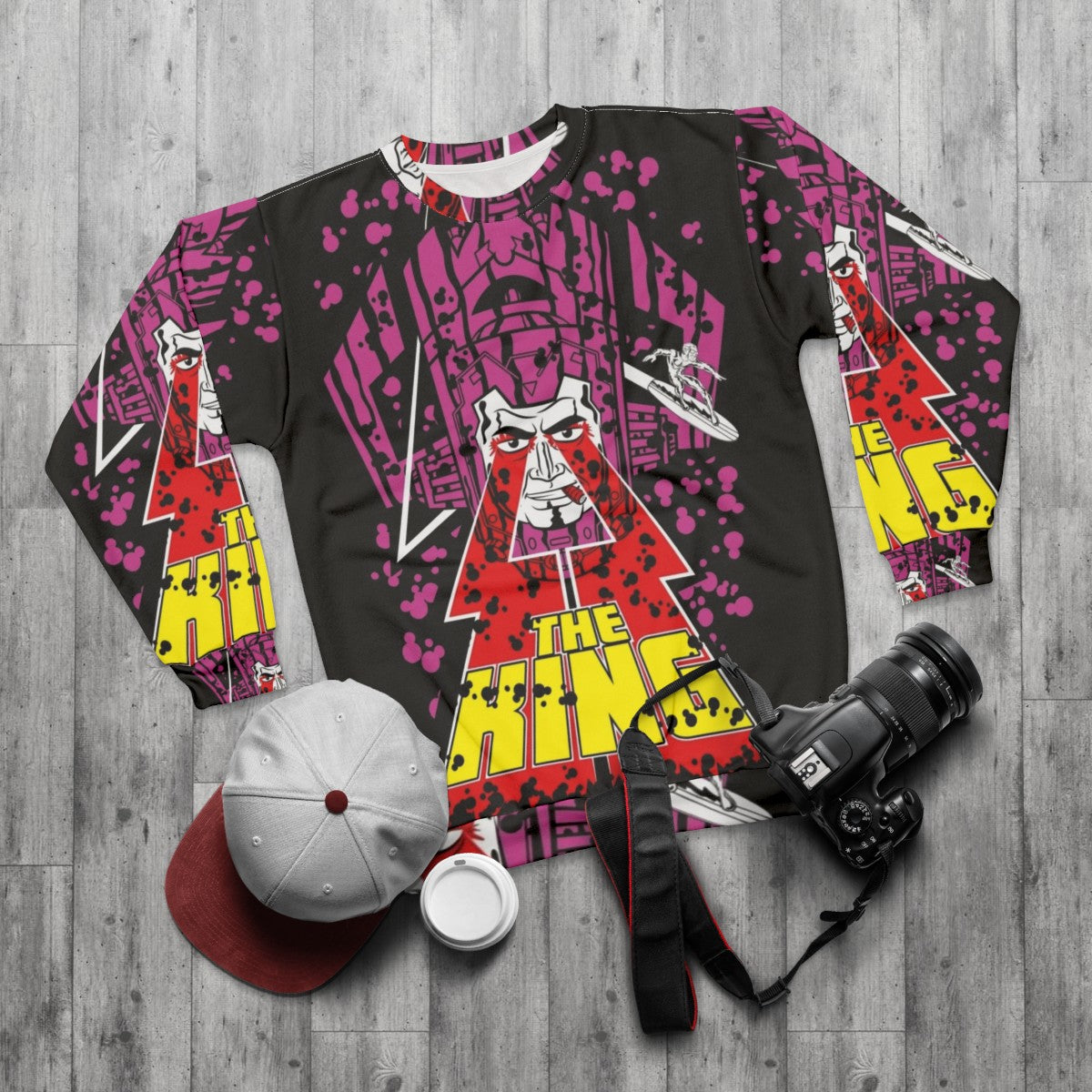 The King Sweatshirt featuring cosmic superheroes from Marvel and DC comics - flat lay