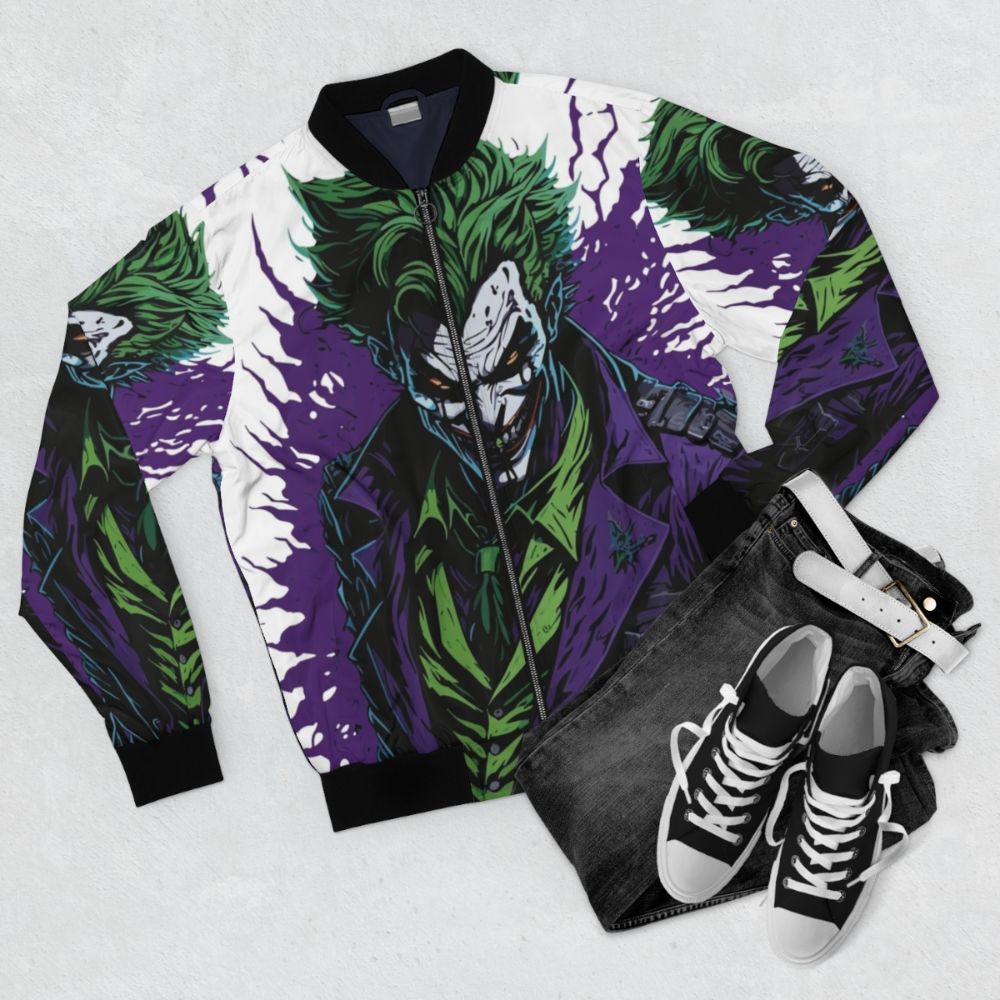 Joker bomber jacket featuring the iconic villain from Batman DC Comics - Flat lay