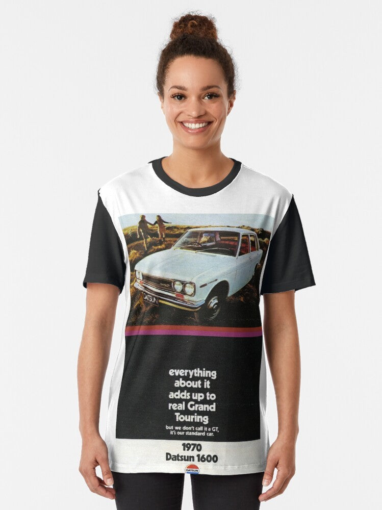 Vintage Datsun 1600 graphic t-shirt with retro car design - Women