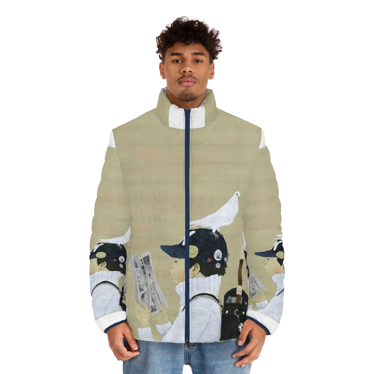 Taiyo Matsumoto inspired puffer jacket featuring the artist's unique illustration style - men front