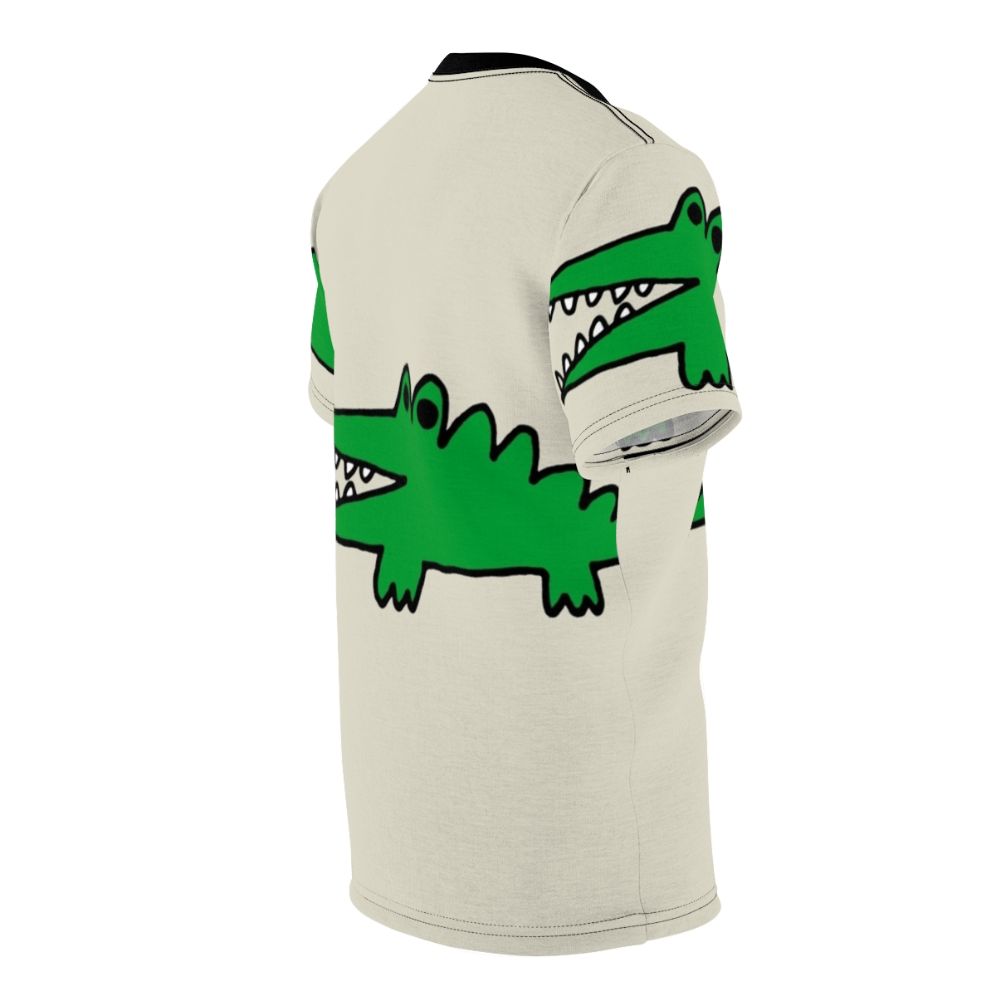 Whimsical illustration of a cartoon alligator facing big challenges on a vintage-style t-shirt - men right