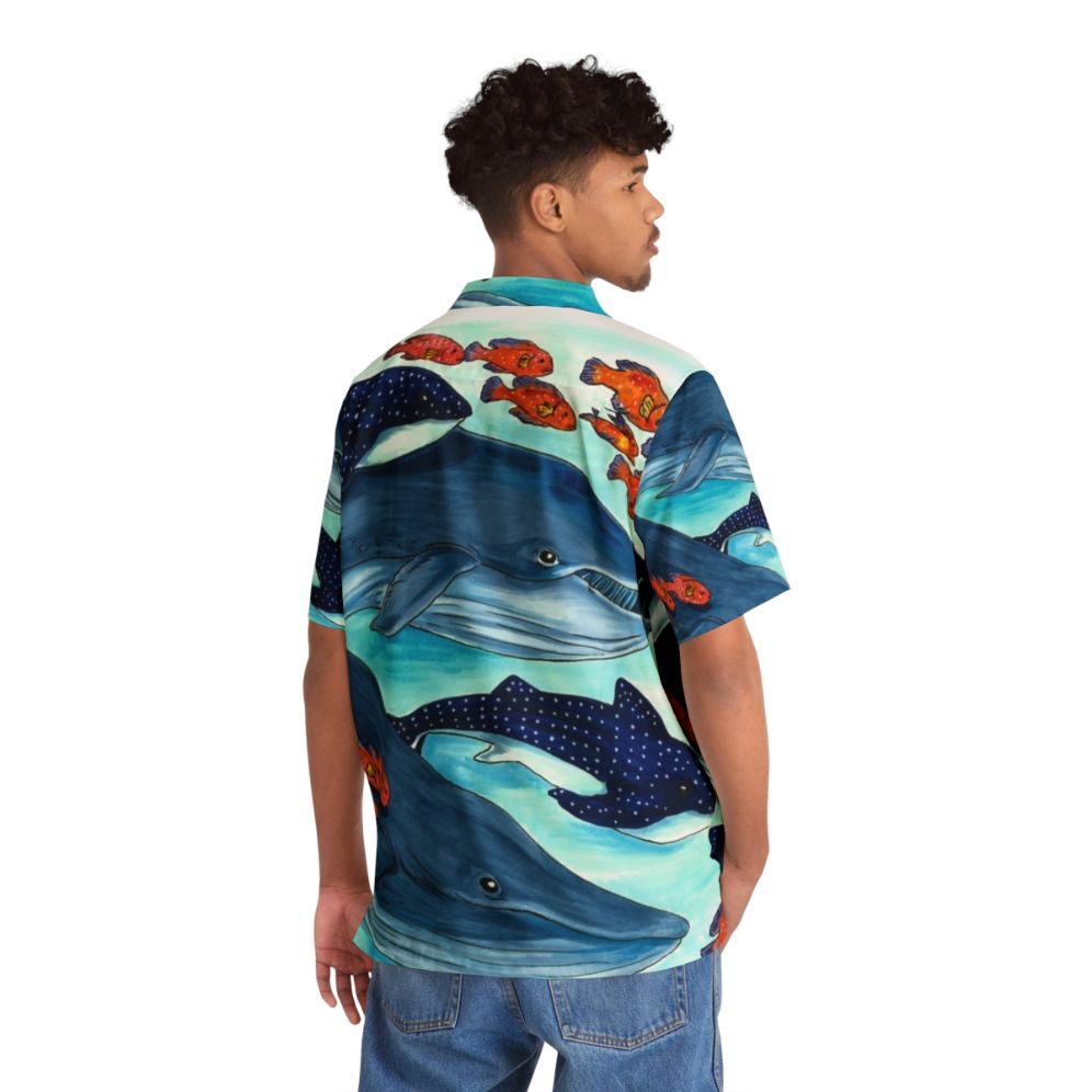 Colorful Hawaiian shirt with blue whales and other ocean life - People Back